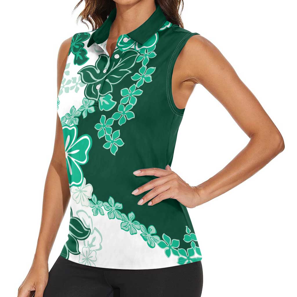 Green Hibiscus Plumeria Floral Women Sleeveless Polo Shirt LT01 - Polynesian Pride