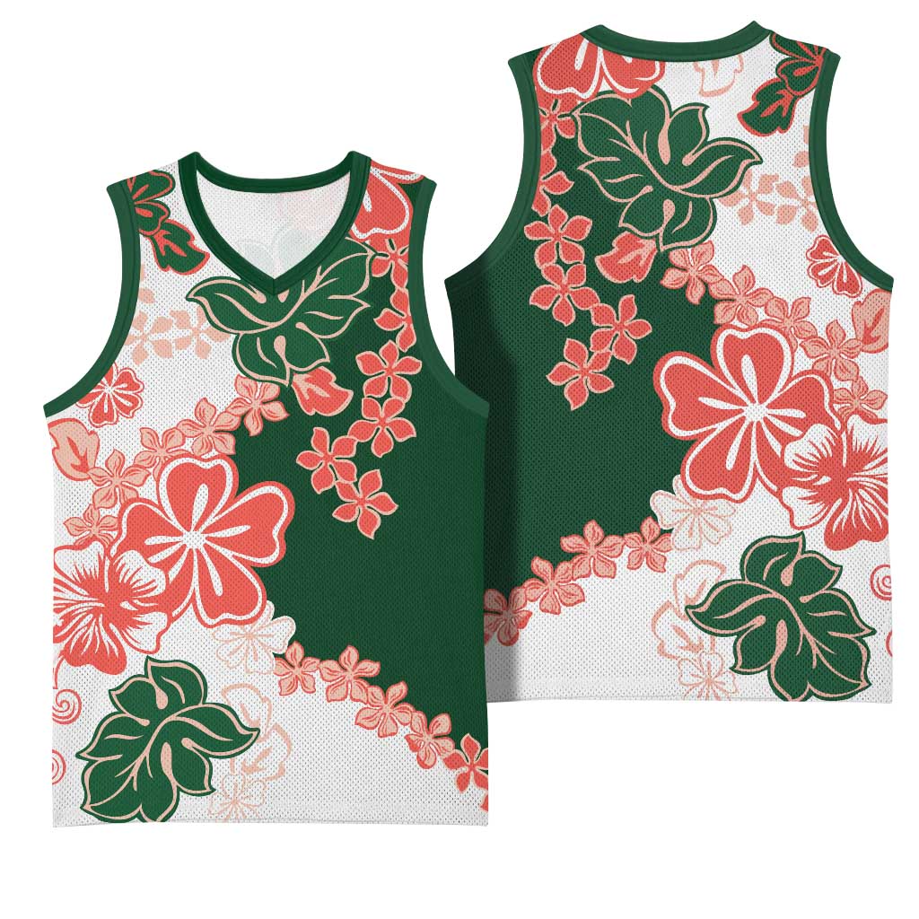 Green Orange Hibiscus Plumeria Floral Basketball Jersey - Polynesian Pride