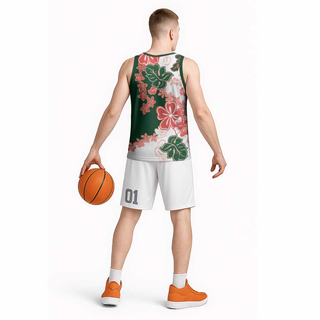 Green Orange Hibiscus Plumeria Floral Basketball Jersey - Polynesian Pride