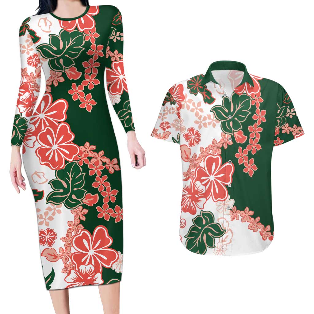Green Orange Hibiscus Plumeria Floral Couples Matching Long Sleeve Bodycon Dress and Hawaiian Shirt LT01 Orange - Polynesian Pride