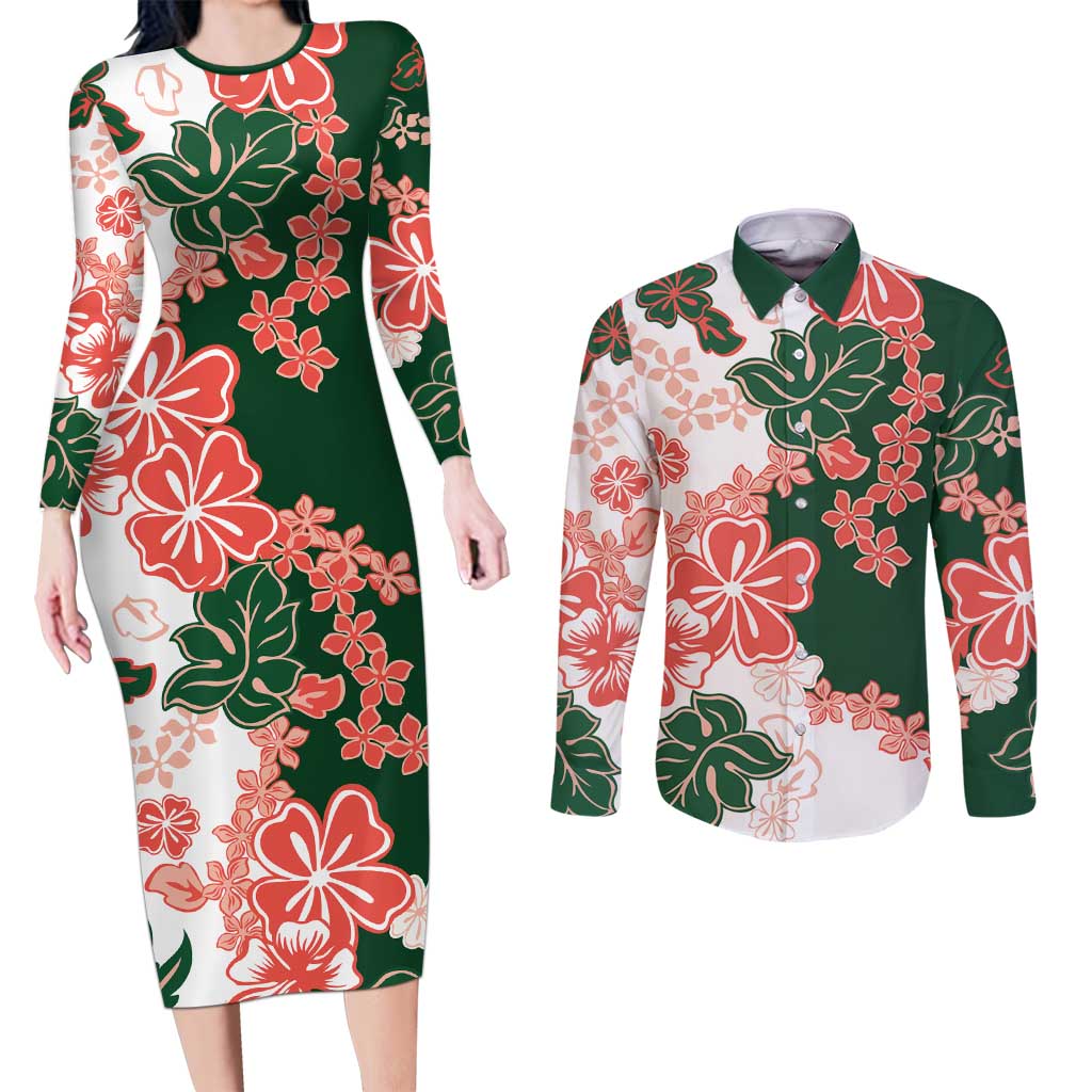 Green Orange Hibiscus Plumeria Floral Couples Matching Long Sleeve Bodycon Dress and Long Sleeve Button Shirt LT01 Orange - Polynesian Pride