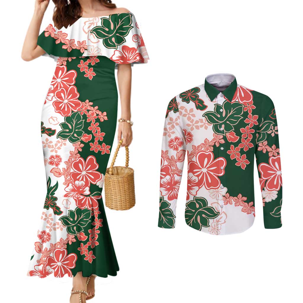 Green Orange Hibiscus Plumeria Floral Couples Matching Mermaid Dress and Long Sleeve Button Shirt - Polynesian Pride
