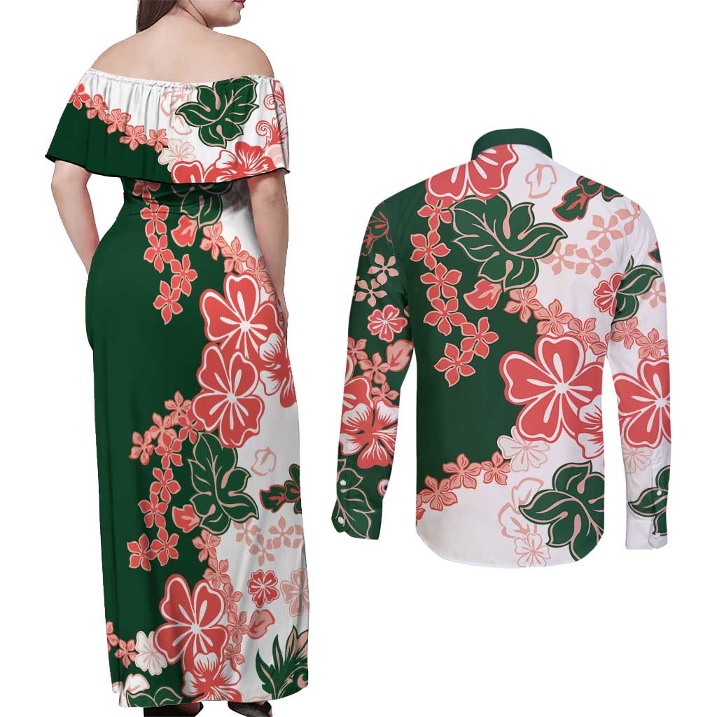 Green Orange Hibiscus Plumeria Floral Couples Matching Off Shoulder Maxi Dress and Long Sleeve Button Shirt LT01 - Polynesian Pride