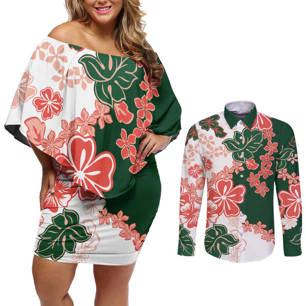 Green Orange Hibiscus Plumeria Floral Couples Matching Off Shoulder Short Dress and Long Sleeve Button Shirt LT01 Orange - Polynesian Pride