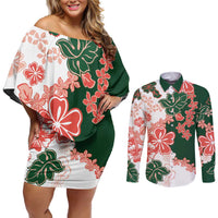 Green Orange Hibiscus Plumeria Floral Couples Matching Off Shoulder Short Dress and Long Sleeve Button Shirt LT01 Orange - Polynesian Pride