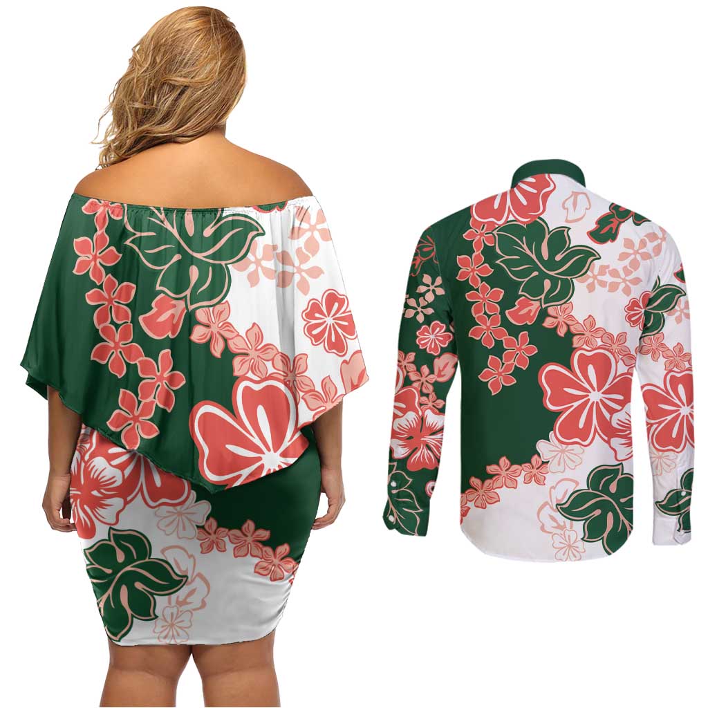 Green Orange Hibiscus Plumeria Floral Couples Matching Off Shoulder Short Dress and Long Sleeve Button Shirt LT01 - Polynesian Pride