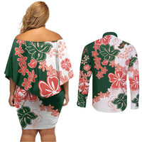 Green Orange Hibiscus Plumeria Floral Couples Matching Off Shoulder Short Dress and Long Sleeve Button Shirt LT01 - Polynesian Pride