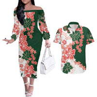 Green Orange Hibiscus Plumeria Floral Couples Matching Off The Shoulder Long Sleeve Dress and Hawaiian Shirt LT01 Orange - Polynesian Pride