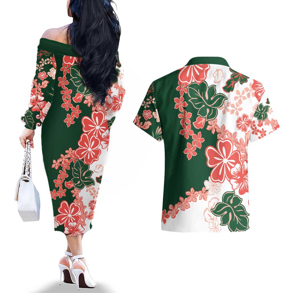 Green Orange Hibiscus Plumeria Floral Couples Matching Off The Shoulder Long Sleeve Dress and Hawaiian Shirt LT01 - Polynesian Pride