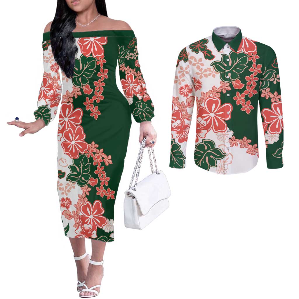 Green Orange Hibiscus Plumeria Floral Couples Matching Off The Shoulder Long Sleeve Dress and Long Sleeve Button Shirt LT01 Orange - Polynesian Pride