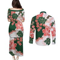 Green Orange Hibiscus Plumeria Floral Couples Matching Puletasi and Long Sleeve Button Shirt - Polynesian Pride