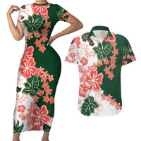 Green Orange Hibiscus Plumeria Floral Couples Matching Short Sleeve Bodycon Dress and Hawaiian Shirt LT01 Orange - Polynesian Pride