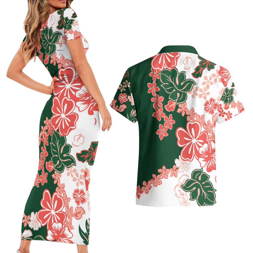 Green Orange Hibiscus Plumeria Floral Couples Matching Short Sleeve Bodycon Dress and Hawaiian Shirt LT01 - Polynesian Pride