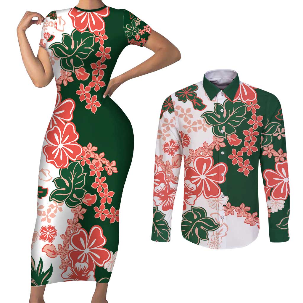 Green Orange Hibiscus Plumeria Floral Couples Matching Short Sleeve Bodycon Dress and Long Sleeve Button Shirt - Polynesian Pride