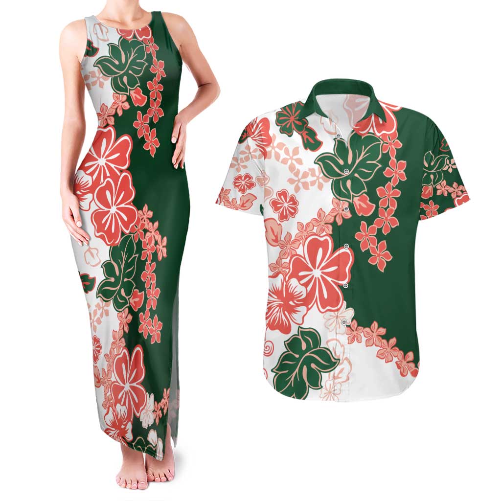Green Orange Hibiscus Plumeria Floral Couples Matching Tank Maxi Dress and Hawaiian Shirt LT01 Orange - Polynesian Pride