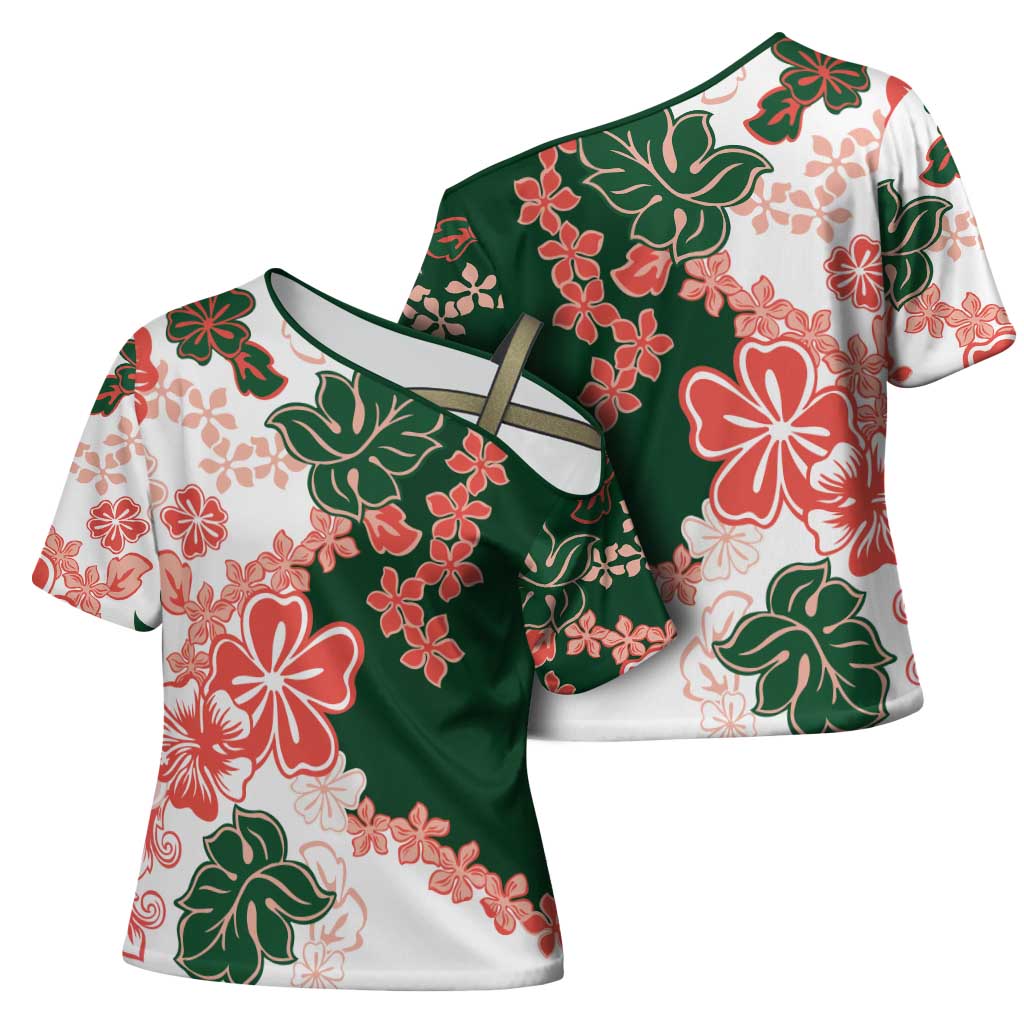 Green Orange Hibiscus Plumeria Floral Cross Shoulder Shirt - Polynesian Pride