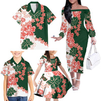 Green Orange Hibiscus Plumeria Floral Family Matching Off The Shoulder Long Sleeve Dress and Hawaiian Shirt LT01 - Polynesian Pride