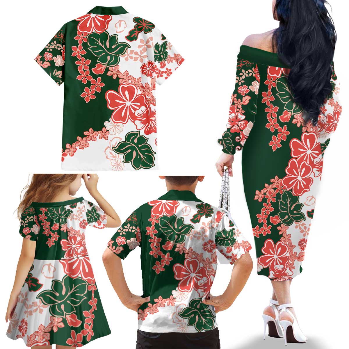 Green Orange Hibiscus Plumeria Floral Family Matching Off The Shoulder Long Sleeve Dress and Hawaiian Shirt LT01 - Polynesian Pride
