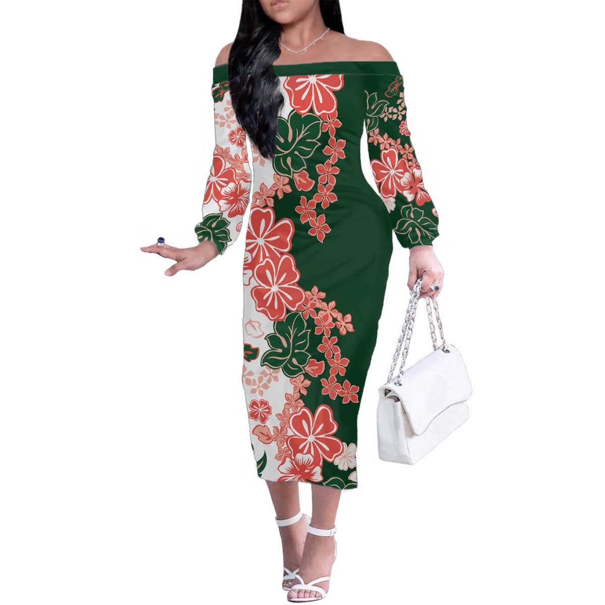 Green Orange Hibiscus Plumeria Floral Family Matching Off The Shoulder Long Sleeve Dress and Hawaiian Shirt LT01 Mom's Dress Orange - Polynesian Pride