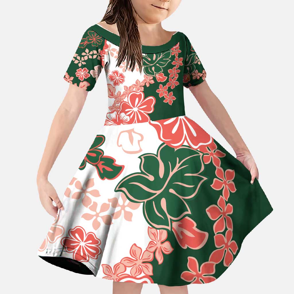 Green Orange Hibiscus Plumeria Floral Family Matching Off Shoulder Maxi Dress and Hawaiian Shirt LT01 Daughter's Dress Orange - Polynesian Pride