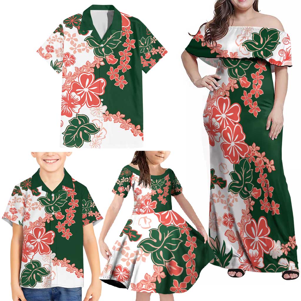 Green Orange Hibiscus Plumeria Floral Family Matching Off Shoulder Maxi Dress and Hawaiian Shirt LT01 - Polynesian Pride