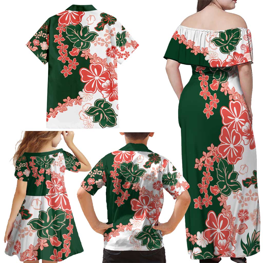 Green Orange Hibiscus Plumeria Floral Family Matching Off Shoulder Maxi Dress and Hawaiian Shirt LT01 - Polynesian Pride