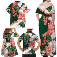 Green Orange Hibiscus Plumeria Floral Family Matching Off Shoulder Maxi Dress and Hawaiian Shirt LT01 - Polynesian Pride