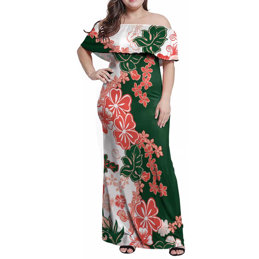Green Orange Hibiscus Plumeria Floral Family Matching Off Shoulder Maxi Dress and Hawaiian Shirt LT01 Mom's Dress Orange - Polynesian Pride