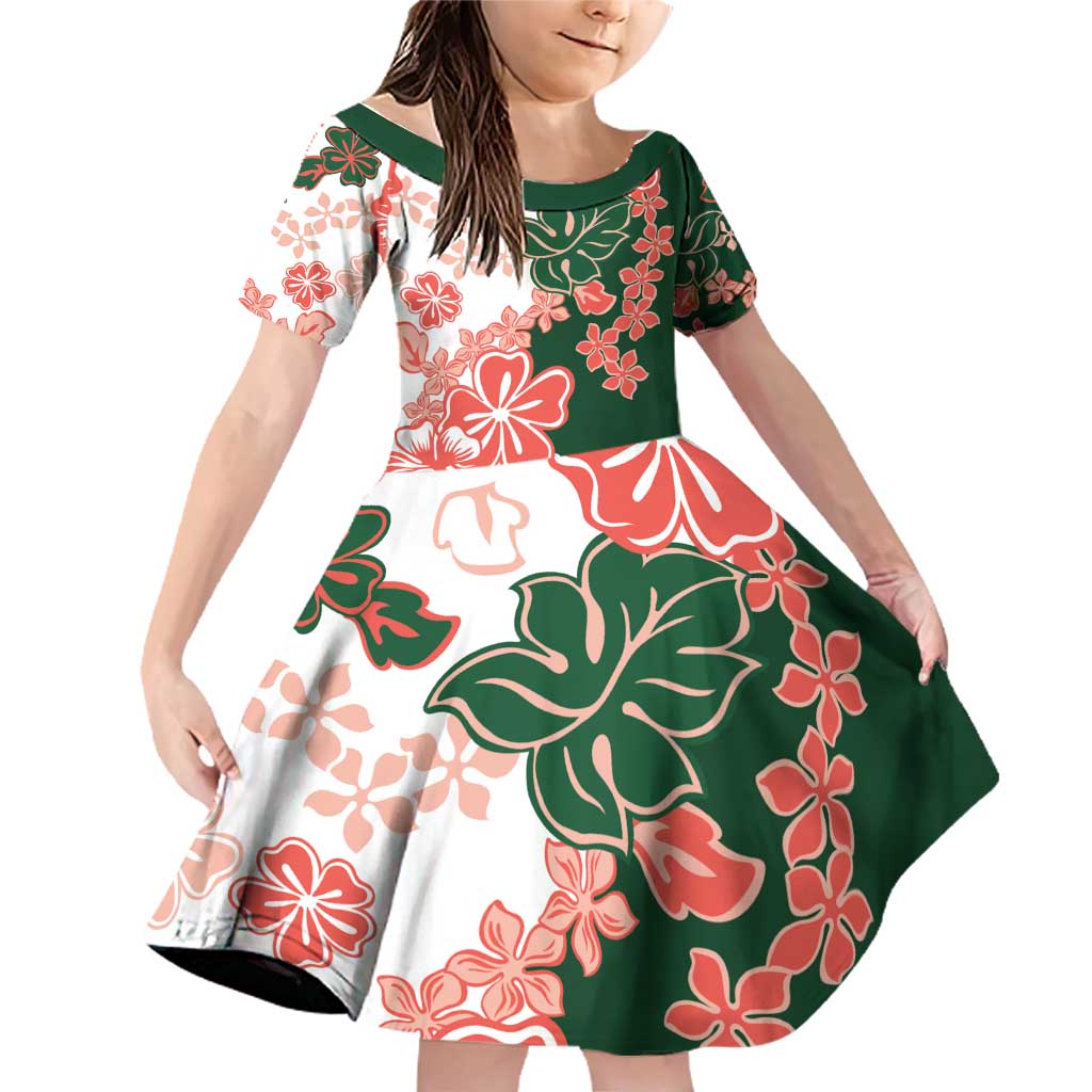 Green Orange Hibiscus Plumeria Floral Family Matching Off Shoulder Short Dress and Hawaiian Shirt LT01 Daughter's Dress Orange - Polynesian Pride