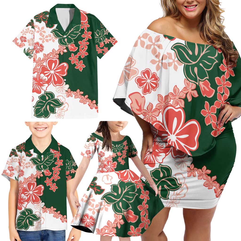 Green Orange Hibiscus Plumeria Floral Family Matching Off Shoulder Short Dress and Hawaiian Shirt LT01 - Polynesian Pride
