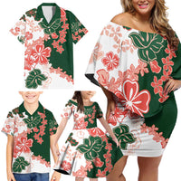Green Orange Hibiscus Plumeria Floral Family Matching Off Shoulder Short Dress and Hawaiian Shirt LT01 - Polynesian Pride