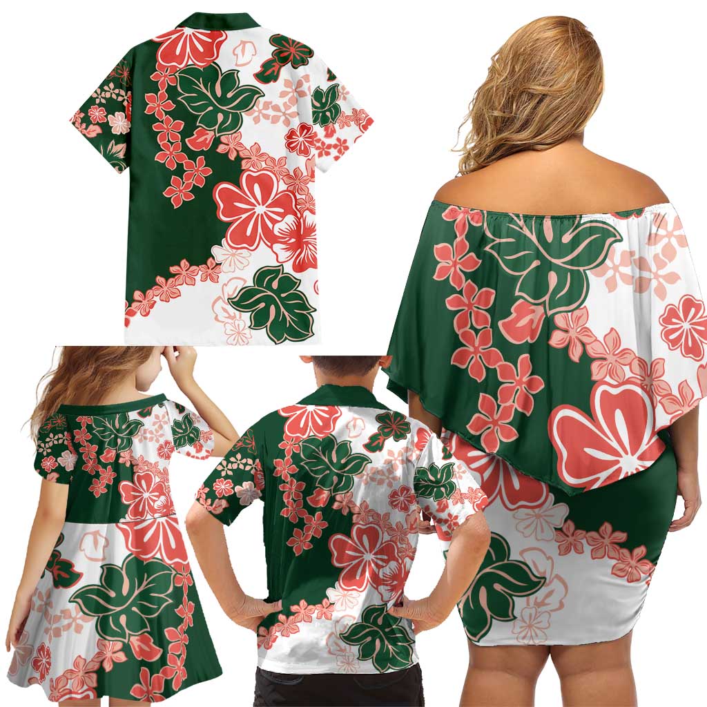 Green Orange Hibiscus Plumeria Floral Family Matching Off Shoulder Short Dress and Hawaiian Shirt LT01 - Polynesian Pride