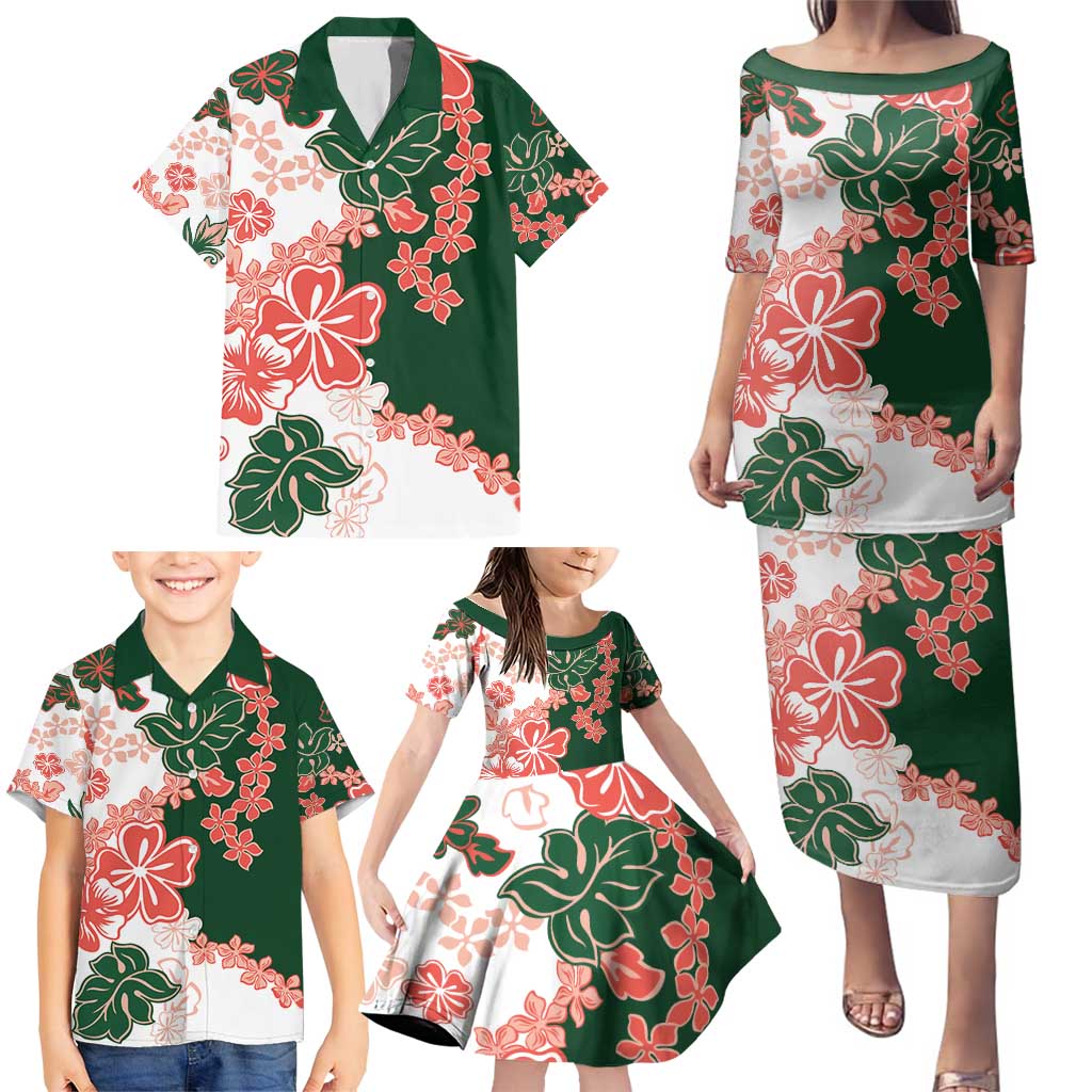 Green Orange Hibiscus Plumeria Floral Family Matching Puletasi and Hawaiian Shirt LT01 - Polynesian Pride
