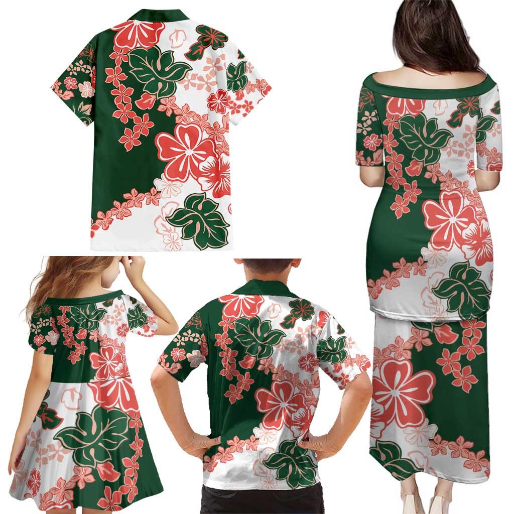 Green Orange Hibiscus Plumeria Floral Family Matching Puletasi and Hawaiian Shirt LT01 - Polynesian Pride