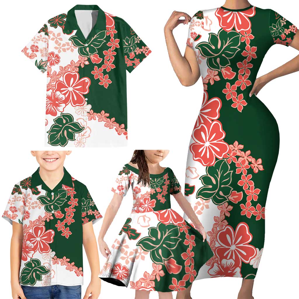 Green Orange Hibiscus Plumeria Floral Family Matching Short Sleeve Bodycon Dress and Hawaiian Shirt LT01 - Polynesian Pride