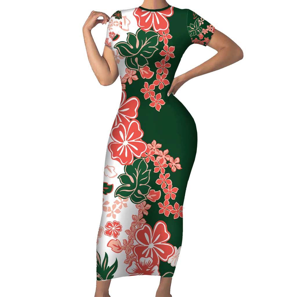 Green Orange Hibiscus Plumeria Floral Family Matching Short Sleeve Bodycon Dress and Hawaiian Shirt LT01 Mom's Dress Orange - Polynesian Pride