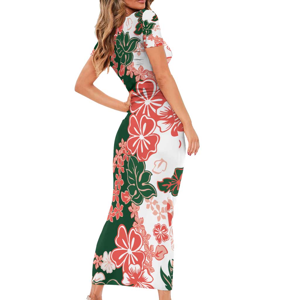 Green Orange Hibiscus Plumeria Floral Family Matching Short Sleeve Bodycon Dress and Hawaiian Shirt LT01 - Polynesian Pride