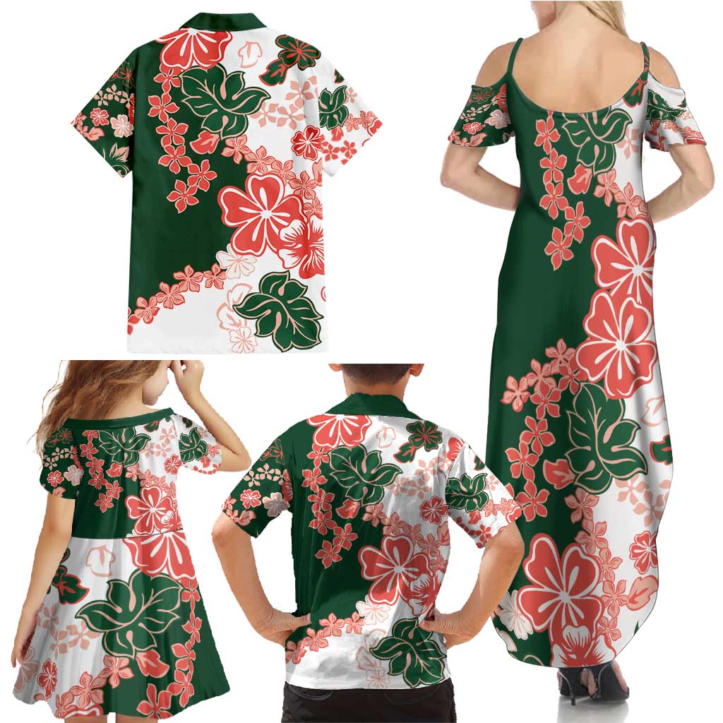 Green Orange Hibiscus Plumeria Floral Family Matching Summer Maxi Dress and Hawaiian Shirt LT01 - Polynesian Pride