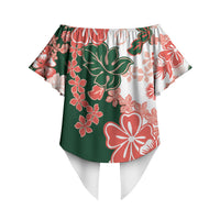 Green Orange Hibiscus Plumeria Floral Off Shoulder Wrap Waist Top LT01 - Polynesian Pride