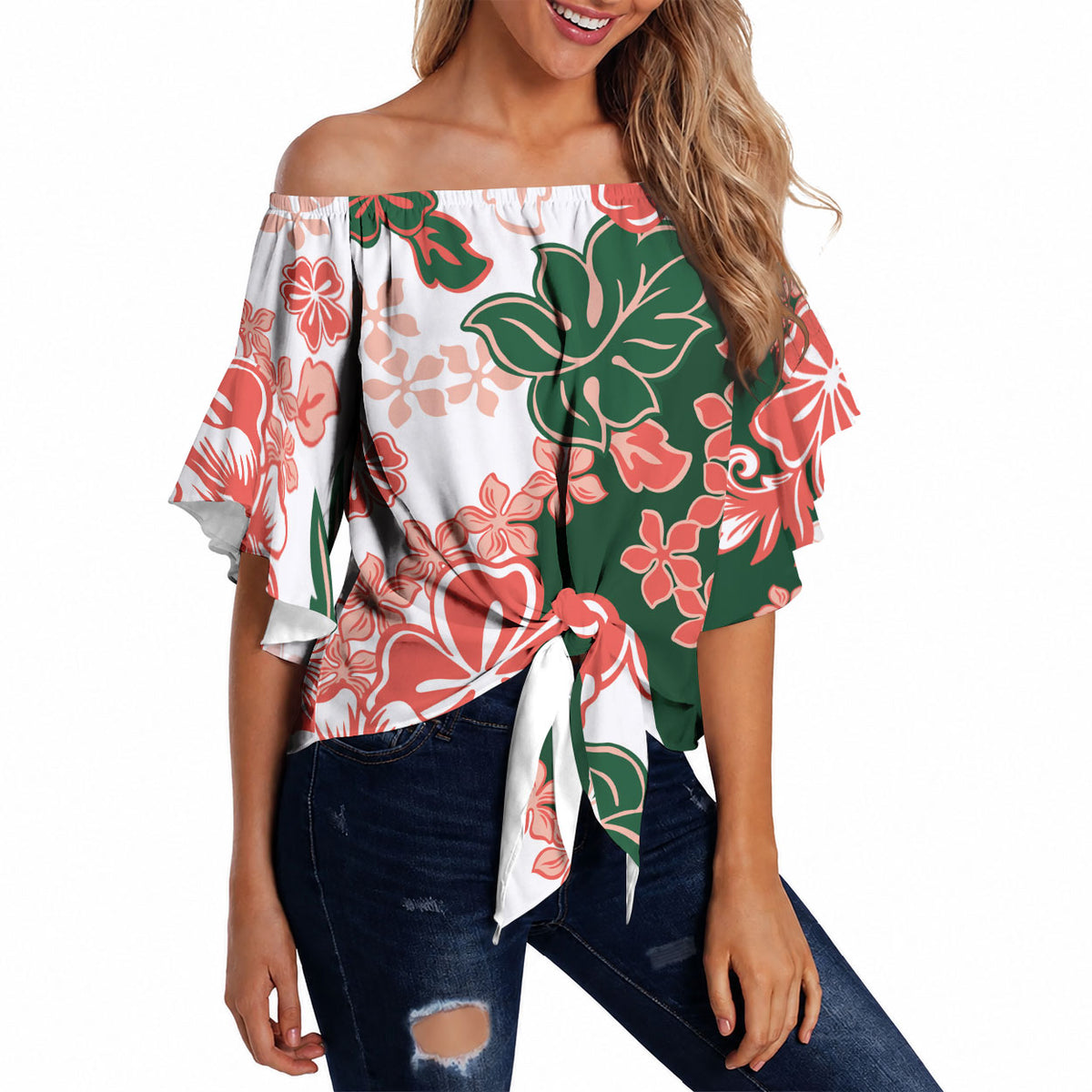 Green Orange Hibiscus Plumeria Floral Off Shoulder Wrap Waist Top LT01 - Polynesian Pride