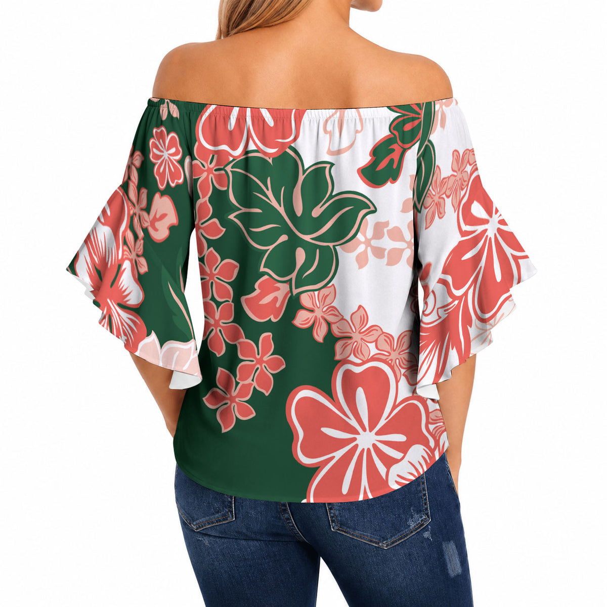 Green Orange Hibiscus Plumeria Floral Off Shoulder Wrap Waist Top LT01 - Polynesian Pride