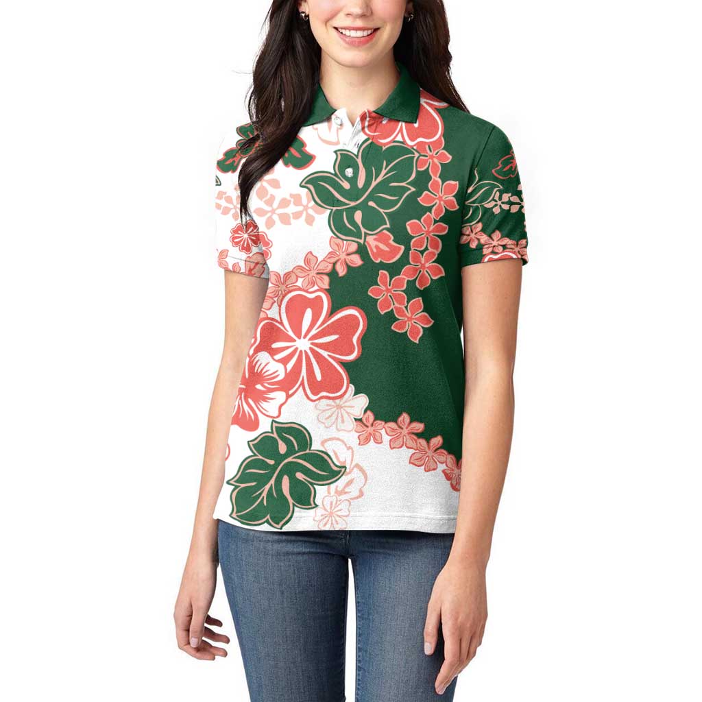 Green Orange Hibiscus Plumeria Floral Women Polo Shirt - Polynesian Pride