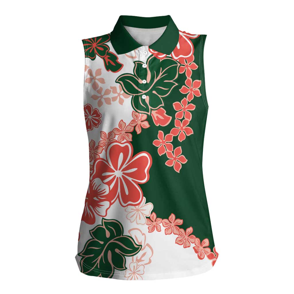 Green Orange Hibiscus Plumeria Floral Women Sleeveless Polo Shirt LT01 Female Orange - Polynesian Pride
