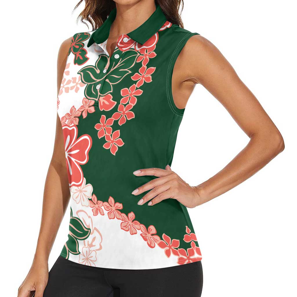 Green Orange Hibiscus Plumeria Floral Women Sleeveless Polo Shirt LT01 - Polynesian Pride