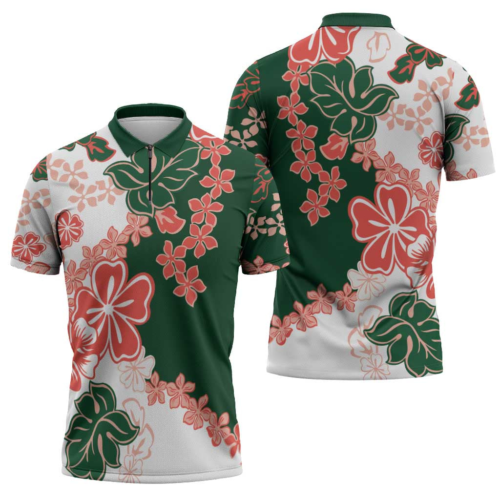 Green Orange Hibiscus Plumeria Floral Zipper Polo Shirt - Polynesian Pride