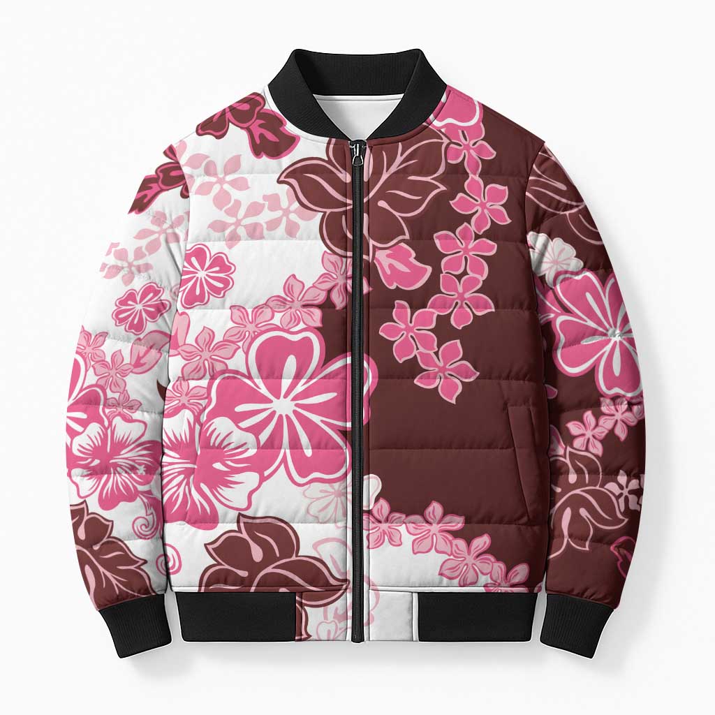 Pink Hibiscus Plumeria Floral Bomber Puffer Jacket - Polynesian Pride