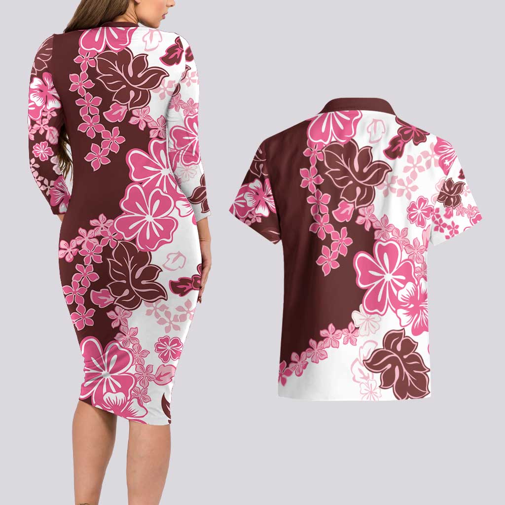 Pink Hibiscus Plumeria Floral Couples Matching Long Sleeve Bodycon Dress and Hawaiian Shirt LT01 - Polynesian Pride