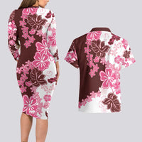 Pink Hibiscus Plumeria Floral Couples Matching Long Sleeve Bodycon Dress and Hawaiian Shirt LT01 - Polynesian Pride