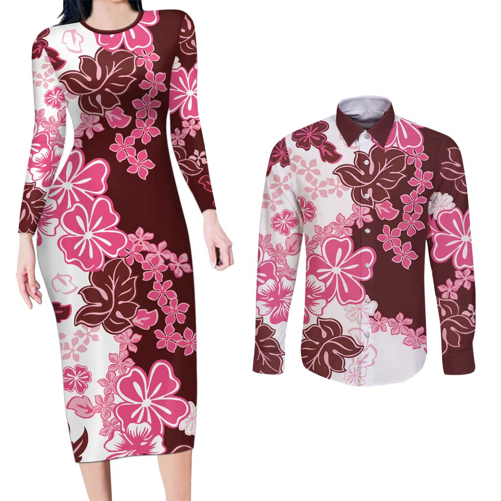 Pink Hibiscus Plumeria Floral Couples Matching Long Sleeve Bodycon Dress and Long Sleeve Button Shirt - Polynesian Pride