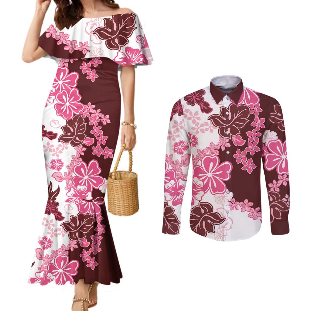 Pink Hibiscus Plumeria Floral Couples Matching Mermaid Dress and Long Sleeve Button Shirt LT01 Pink - Polynesian Pride